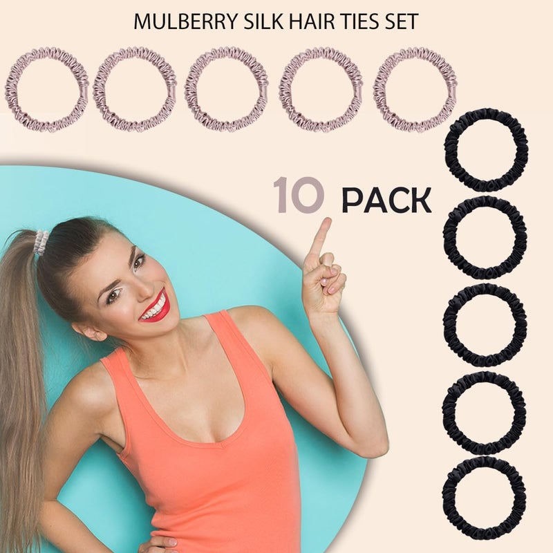 SEMRUE 22 Momme 100% Pure Mulberry Silk Scrunchies (10 PCS) - Small Hair Elastics and Ties for Women Sleep, Hair Care No Damage, Black*5+Lotus Pink*5 - Image 4